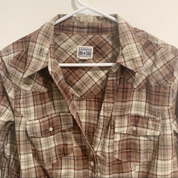 Converse button up brown/gold plaid v-neck top SizeSmall EUC - Picture 6 of 7